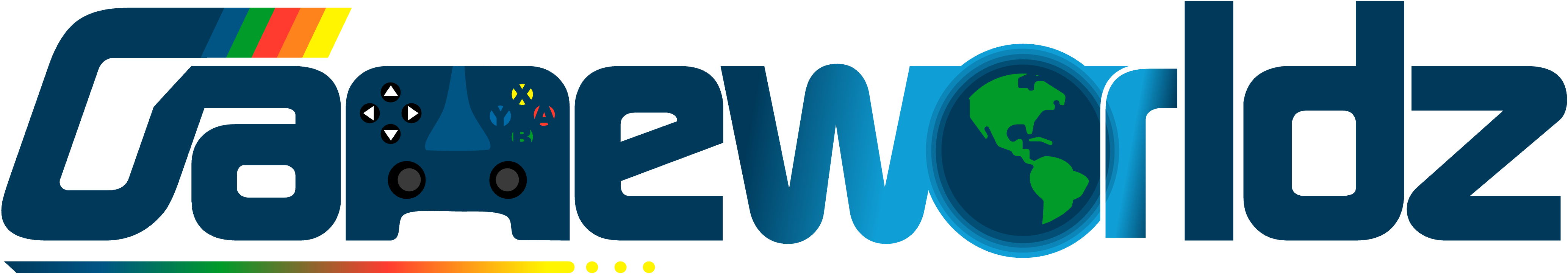 The "Gameworldz" logo features a sleek, modern design with a game controller integrated into the text, symbolizing gaming. A globe highlights the global aspect of the shop, while the colorful streak and gradient add a fun, dynamic touch, balancing professionalism with a playful vibe.