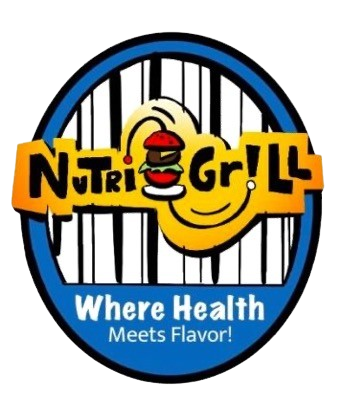 This logo is designed for a school project. The "NutriGrill" logo features a vibrant tomato burger graphic against grill lines, symbolizing a fusion of health and flavor. Bold, playful fonts highlight the name, and the tagline "Where Health Meets Flavor!" reinforces the restaurant’s focus on nutritious, tasty meals. The design feels fresh and inviting, ideal for a health-conscious burger restaurant.