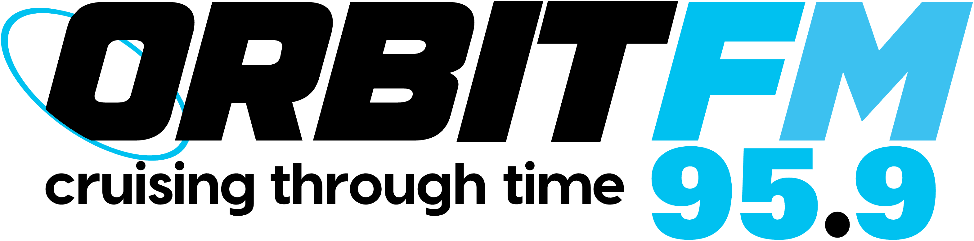 The "OrbitFm 95.9" logo features a sleek blue orbit symbol paired with bold black and blue text, giving it a modern and energetic feel. The orbit design suggests movement and connection, while the bold "FM 95.9" stands out clearly, making the logo both striking and memorable for a radio station.