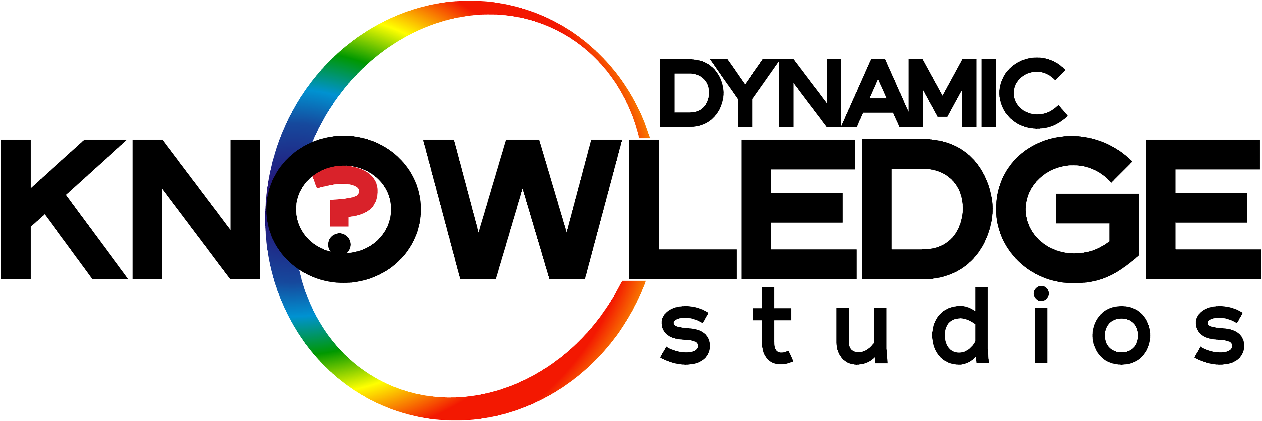 The Dynamic Knowledge Studios logo features a bold, colorful ring transitioning from blue to red, symbolizing creativity and energy. A central red question mark highlights curiosity and discovery, while the clean, black text conveys strength and professionalism. This design captures the studio's focus on innovative, knowledge-driven gaming in a memorable and vibrant way.