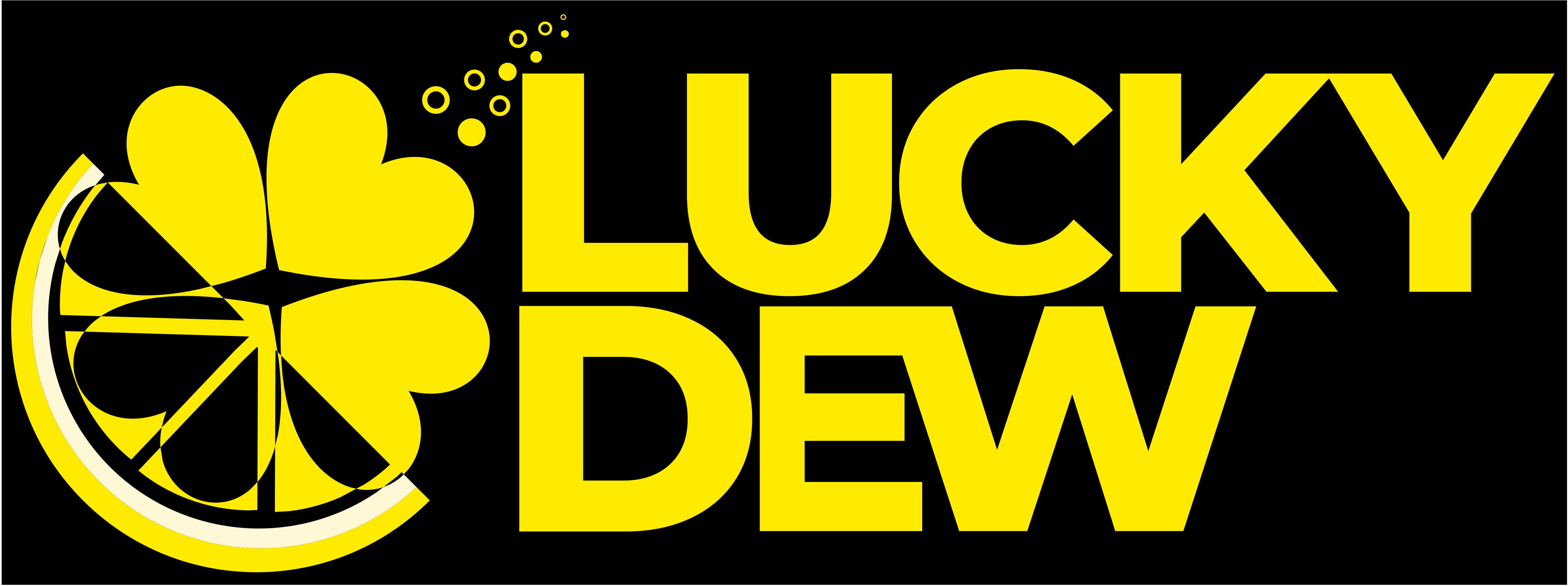 The "Lucky Dew" logo is bright and energetic, with a bold yellow design that combines a clover for luck and a sliced lemon for freshness. Bubbles rising from the letters add a fizzy feel, making the logo look refreshing and perfect for a soft drink brand. The clean, modern font enhances its vibrant, memorable appeal.