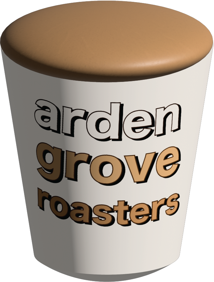 Your logo for "Arden Grove Roasters" features a modern, clean design. It consists of a cylindrical white container with the brand name prominently displayed in bold, 3D-style text. The words "arden grove roasters" are stacked, with "arden" and "grove" in darker tones, creating a layered, shadowed effect that enhances the depth and visibility of the text. The overall aesthetic combines a professional, minimalist vibe with warmth, making it appealing and suitable for an instant coffee brand. The tan-colored lid complements the typography, adding a natural, earthy feel to the design, aligning with the brand's name and possibly its values.