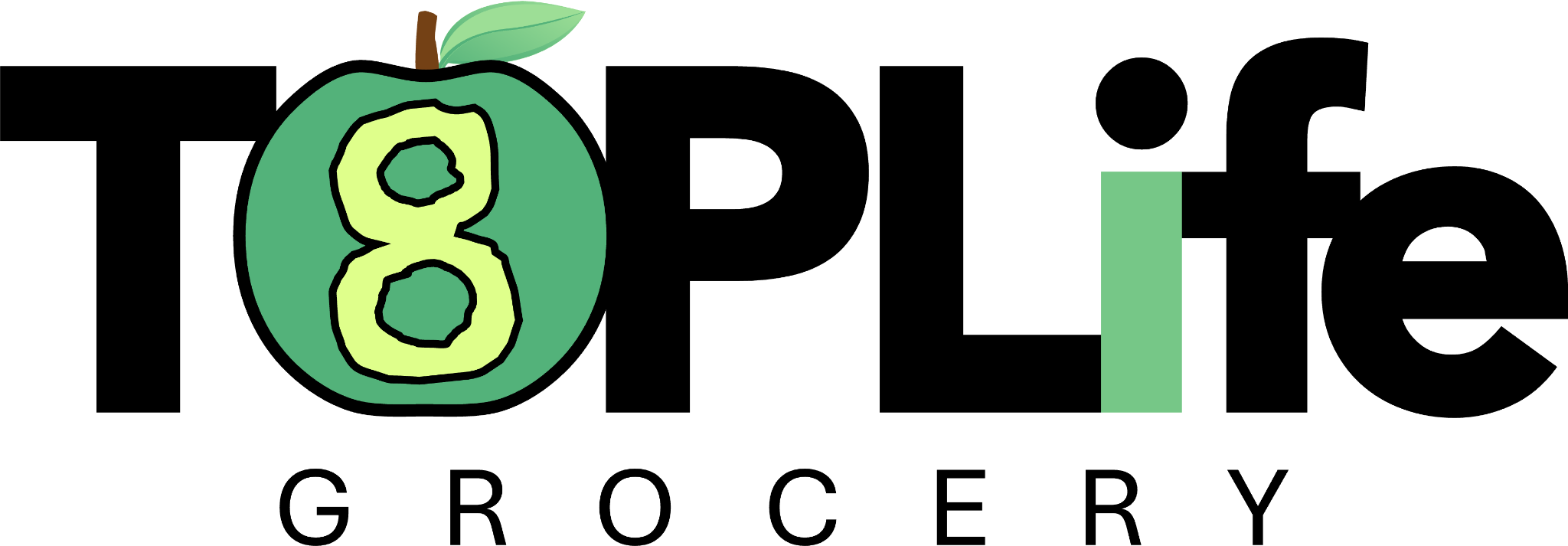 Top Life Grocery 8 has a fresh, inviting logo with a natural theme that suits a convenience store focused on quality and health. The design centers around a green apple, symbolizing freshness, with a bold, hand-drawn number "8" in light green, outlined in black, giving a handcrafted feel. The apple has a small stem and leaf on top, enhancing the organic vibe. Next to the apple icon, the store's name is in a simple, modern font, with "Top Life Grocery" in black and "8" in matching light green, creating a cohesive and approachable look.