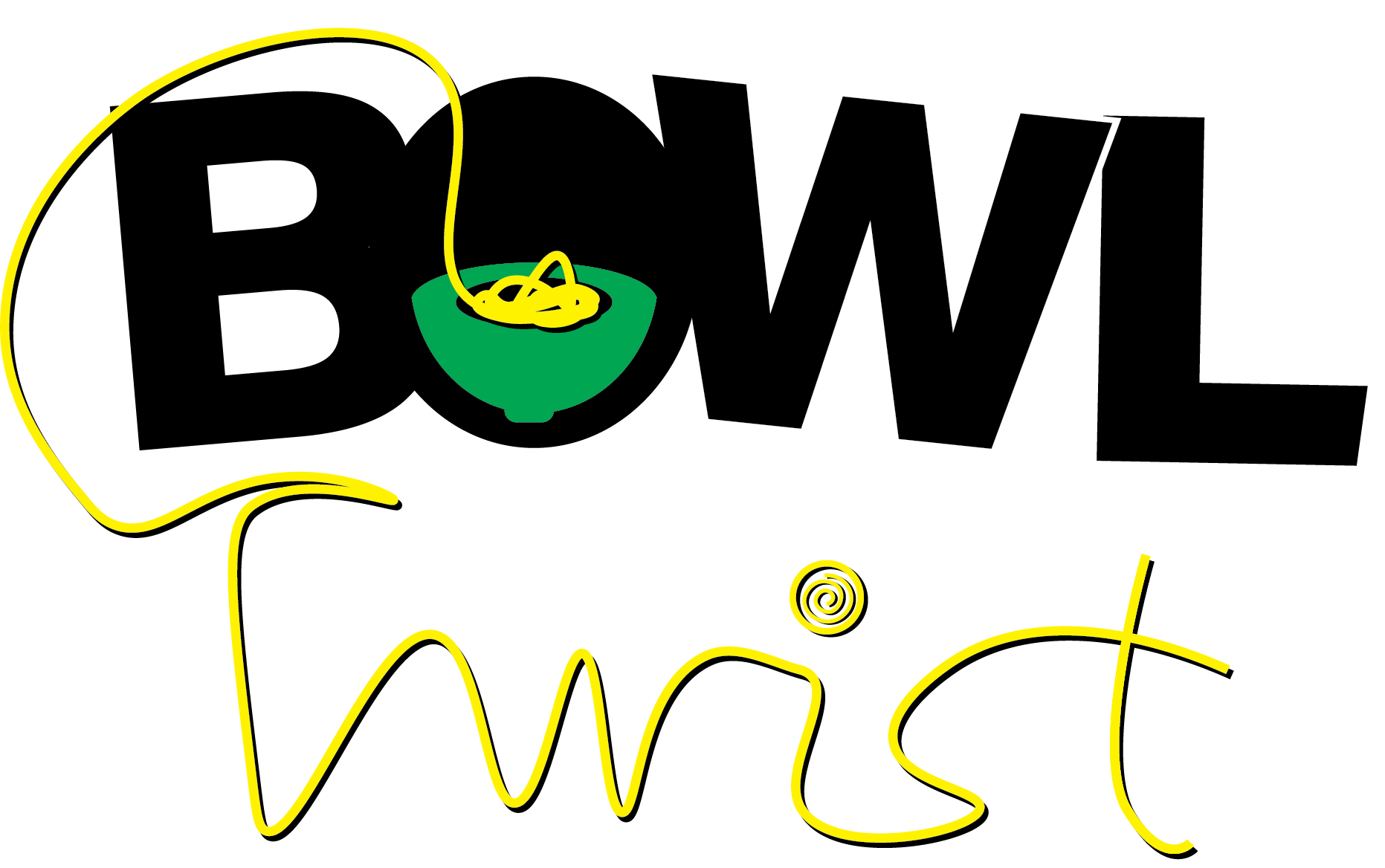 The "BowlTwist" logo combines boldness and playfulness, featuring the word "BOWL" in solid black uppercase letters, with the "O" replaced by a green bowl of noodles. Below, "Twist" is written in a whimsical yellow script, with a noodle-like swirl adding a fun, dynamic touch. The vibrant colors and creative design capture the brand’s identity as exciting and appetizing.