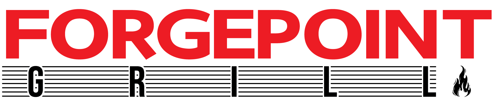 The logo for "Forgepoint Grill" features a bold and dynamic design that perfectly captures the essence of a Western food restaurant. The word "FORGEPOINT" is displayed in commanding, uppercase red letters, symbolizing heat, energy, and passion, essential for a brand centered on grilling. Below it, the word "GRILL" is creatively styled with horizontal black lines, resembling the grates of a grill—an excellent visual metaphor for the cooking technique that defines the restaurant's offerings. On the far right, a flame icon adds a fiery touch, further emphasizing the theme of grilling and flame-cooked delicacies. The combination of strong typography and grill-inspired elements conveys a sense of boldness, craftsmanship, and culinary authenticity.