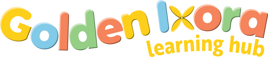The revised Golden Ixora Learning Hub logo is a cheerful, playful and imaginative design that reflects the spirit of a modern kindergarten. The logo features the name rendered in soft, rounded letters that feel friendly, welcoming and child-centered. Each letter is coloured in a bright pastel tone — yellow, blue, green, and coral — creating a lively rainbow effect that immediately catches attention while still feeling gentle and harmonious.

The character of the wordmark is deliberately informal, with letters tilting and bouncing slightly, expressing movement, curiosity and fun. This playful rhythm mirrors the joyful energy of children as they explore, learn and create. The subtle drop shadows add depth and give the letters a tactile, sticker-like charm.

A key highlight is the stylized ixora flower replacing the letter “x”, featuring four petal-shapes in golden yellow. The flower symbolises growth, nature, new beginnings and the nurturing environment that a kindergarten provides. Its placement in the centre allows it to become a memorable visual icon that helps with brand recognition.

Below, the phrase “learning hub” appears in a bold yellow typeface, slightly curved upward, reinforcing positivity and forward momentum. Overall, the logo communicates warmth, creativity, safety and a joyful learning experience for young children.